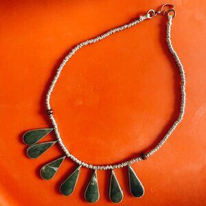 Silver beaded necklace, Sage turquoise backing